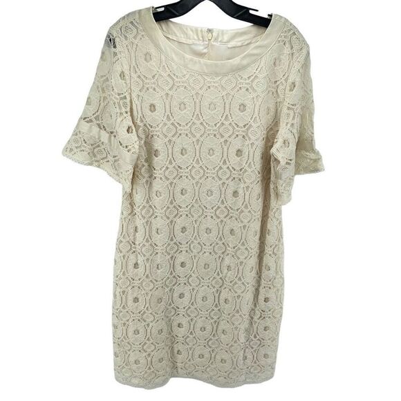 Liz Claiborne Womens Sheath Dress Lace Lined Short Sleeve Mini Cream Size 14 - Picture 9 of 9